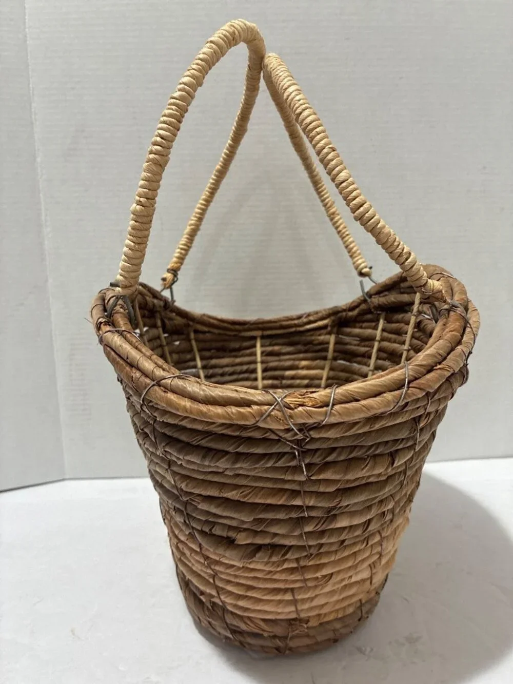 rustic rare wicker basket natural brown corn rope handmade twisted branch handle